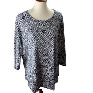 Lucky Brand Sz 2X Boho Blouse Floral Paisley Blue White Multicolor Peasant Top